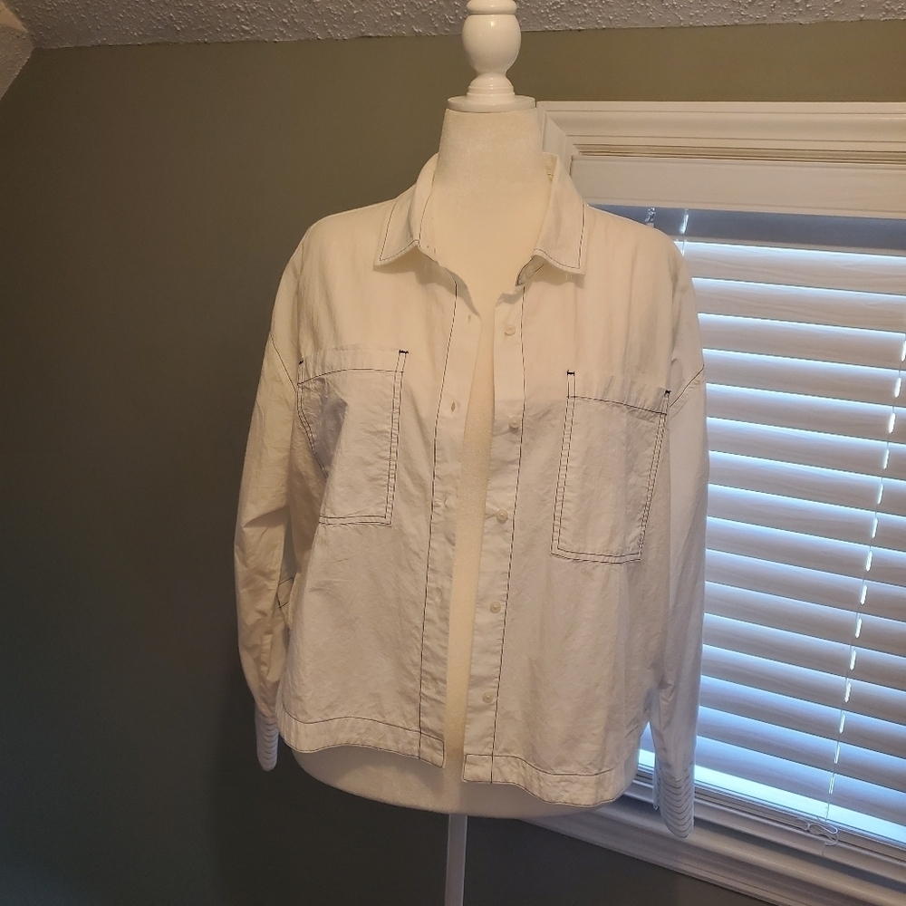 NWT Scotch & Soda White Contemporary Boxy, Cropped Button Front Shirt Size Large